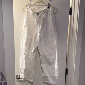 White High-Waisted Barrel Jeans with Drawstring with Distressed Look